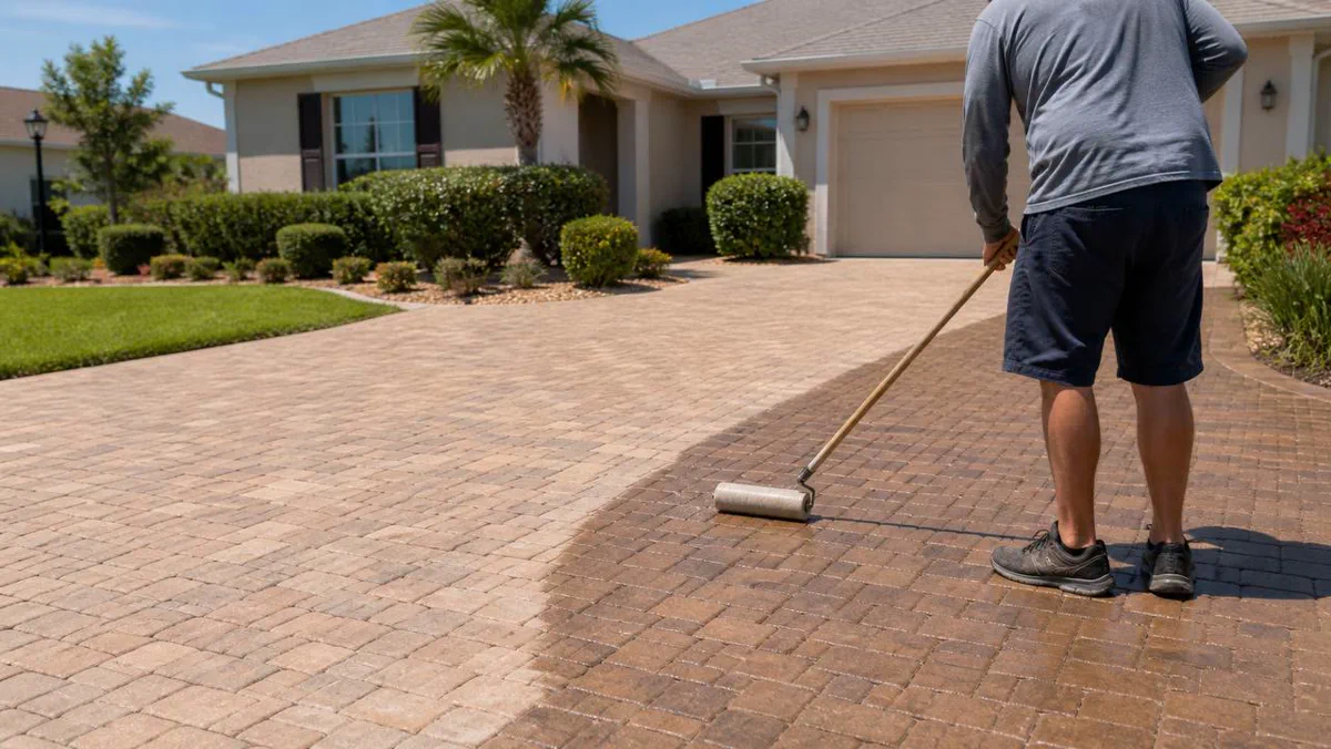 Freshly sealed paver driveway and walkway at a Cape Coral home
